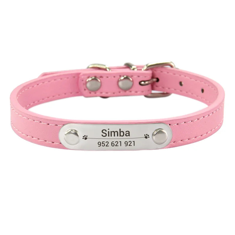 Personalized Pet Collar - Custom Name ID Tag, Anti-Lost PU Leather, Pink (S/M/L)