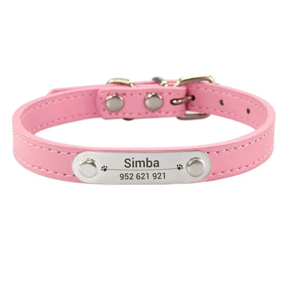 Personalized Pet Collar - Custom Name ID Tag, Anti-Lost PU Leather, Pink (S/M/L)
